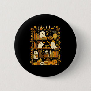 Retro Bookshelf Black Cat Halloween Ghost Reading Button