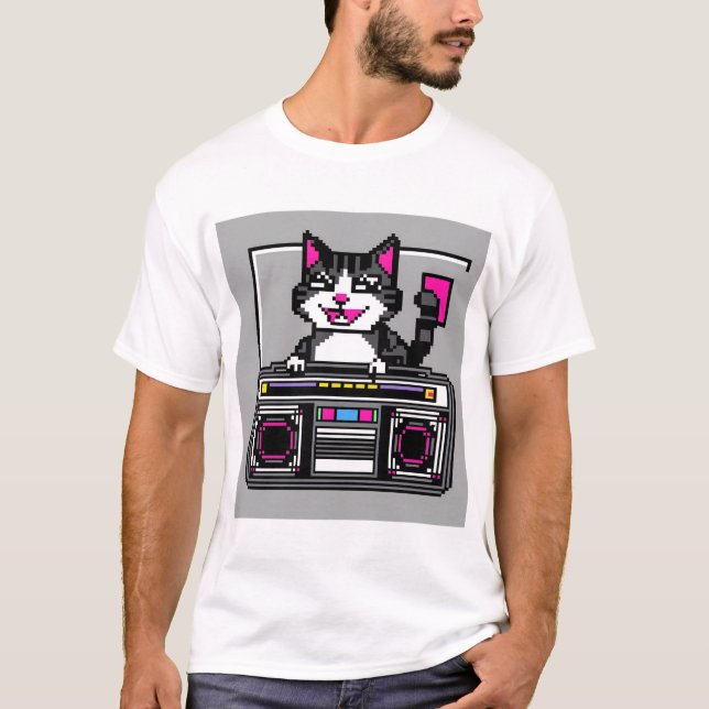 Retro Boombox Cat - Pixel DJ Vibes T-Shirt (Vorderseite)