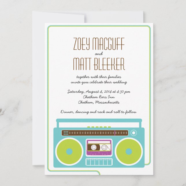 Retro Boombox Indie Mixtape Wedding Blue / Limon Einladung (Vorderseite)