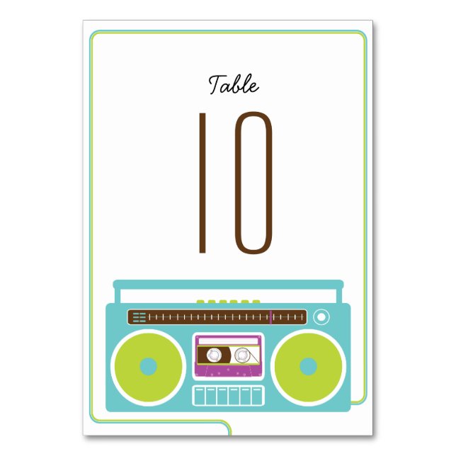 Retro Boombox Indie Mixtape Wedding Blue / Limon Tischnummer (Vorderseite)
