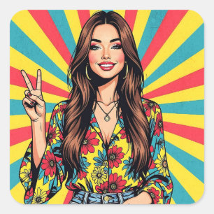 Retro-Boomer-Hippie-Dame gibt Friedenszeichen Quadratischer Aufkleber