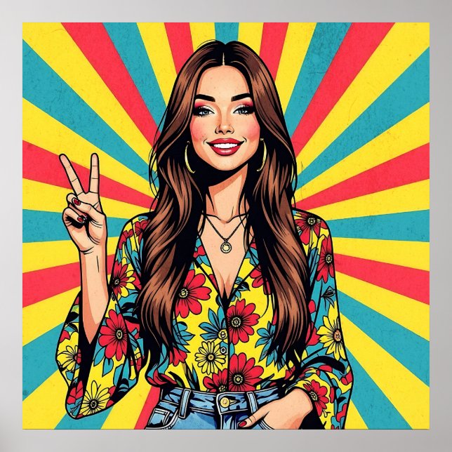Retro Boomer Hippie Lady gibt Friedenszeichen Poster (Vorne)