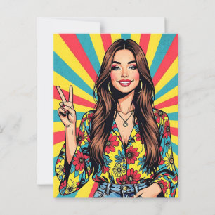 Retro Boomer Hippie Lady gibt Friedenszeichen Postkarte