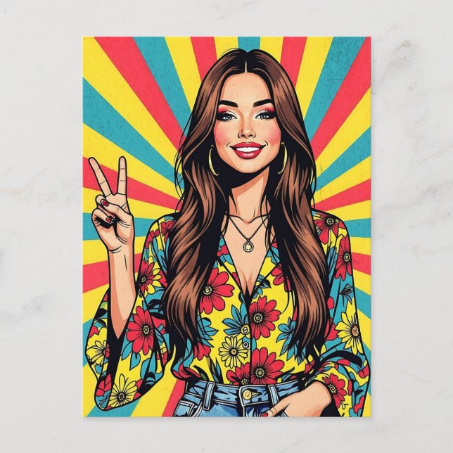 Retro Boomer Hippie Lady gibt Friedenszeichen Postkarte (Vorderseite)