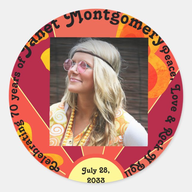 Retro Boomer Hippy Sunrise Photo Birthday  Runder Aufkleber (Vorderseite)