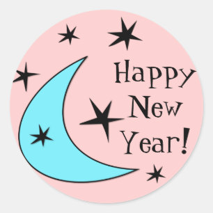 Retro Boomerang Stars "Happy New Year"! Runder Aufkleber