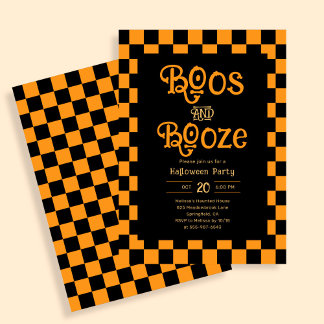 Retro Boos And Booze Halloween Checkered Orange Einladung