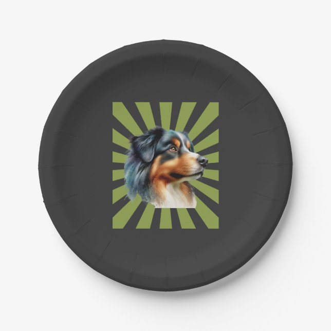 Retro Border Collie Sonnenstrahl Grafikdesign Pappteller (Vorderseite)