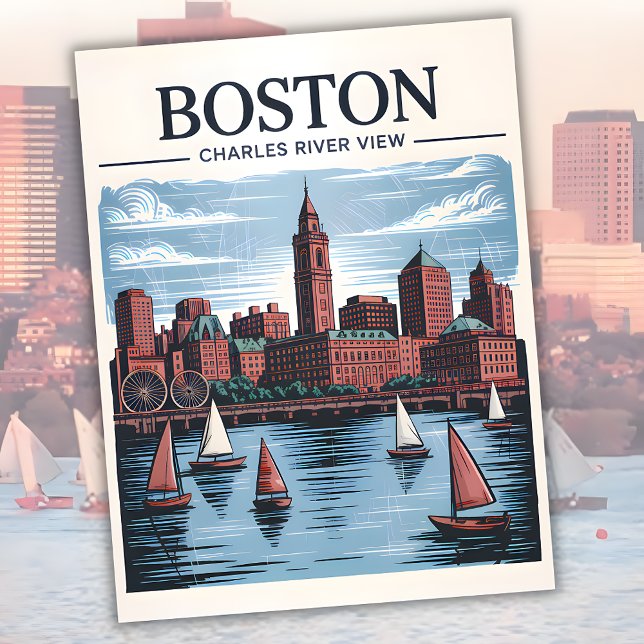 Retro Boston Sailboat Massachusetts Skyline Travel Postkarte (Retro Boston Sailboat Massachusetts Skyline Travel Postcard)