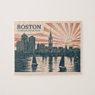 Retro Boston Sailboats Skyline Art Classic Bold