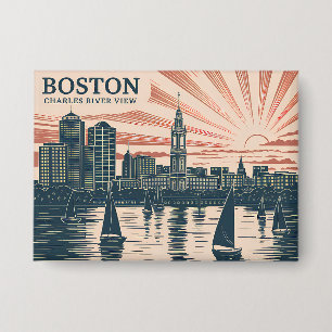 Retro Boston Sailboats Skyline Art Classic Boldd Button