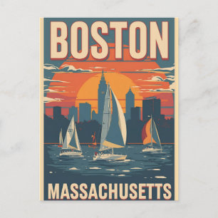 Retro Boston Skyline & Sailboote Massachusetts Postkarte
