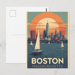 Retro Boston Skyline & Sailboote   Massachusetts Postkarte