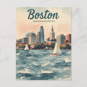 Retro Boston Skyline & Sailboote Massachusetts Postkarte