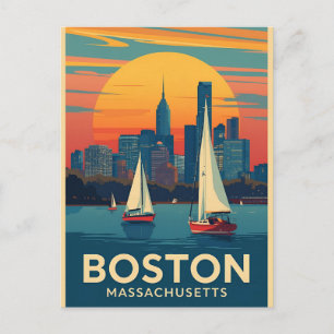 Retro Boston Skyline & Sailboote Massachusetts Postkarte