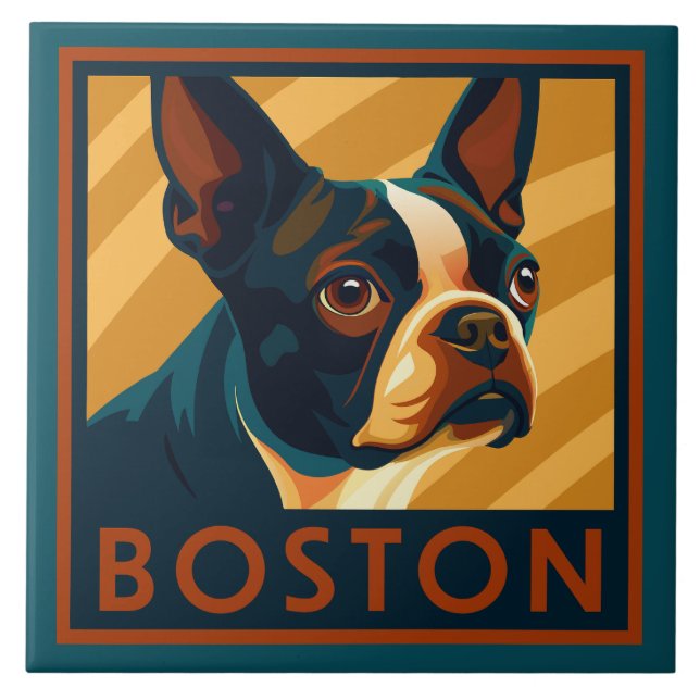 Retro Boston Terrier Portrait Fliese (Vorderseite)