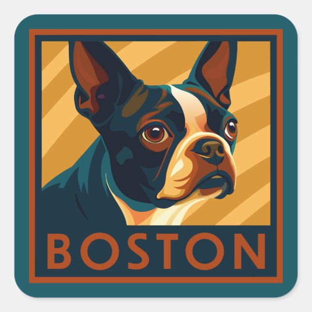 Retro Boston Terrier Portrait Quadratischer Aufkleber (Vorderseite)