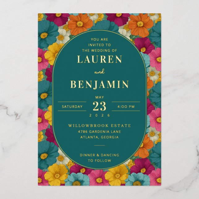Retro Botanica and Teal Wedding Folieneinladung (Vorderseite)