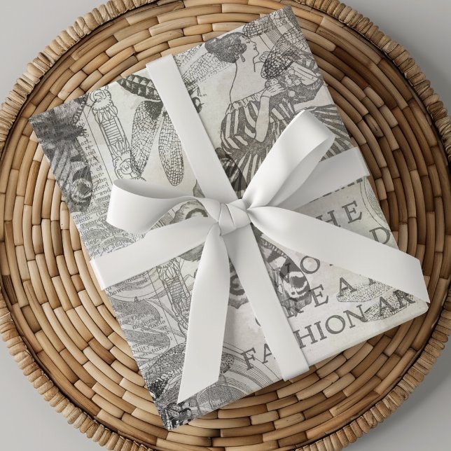 Retro Botanical Butterfly Script Schwarz-Weiß Geschenkpapier Set (Von Creator hochgeladen)