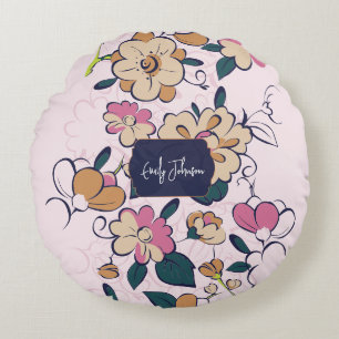 Retro-Botanik individueller Name Rosa Creme Beige Rundes Kissen