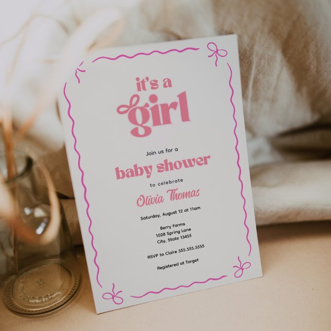 Retro Bow Pink Baby Girl Dusche Einladung (Von Creator hochgeladen)