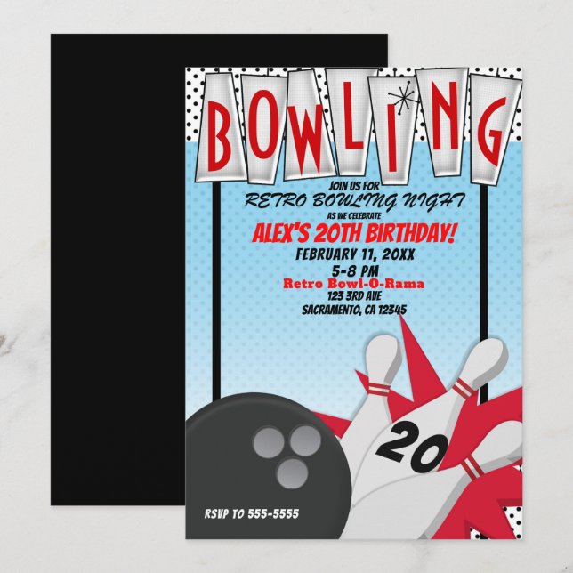 Retro Bowling Bowl Night Birthday Party Einladung (Vorne/Hinten)