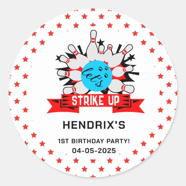 Retro Bowling Kids 1st Birthday Party Classic Roun Runder Aufkleber (Vorderseite)