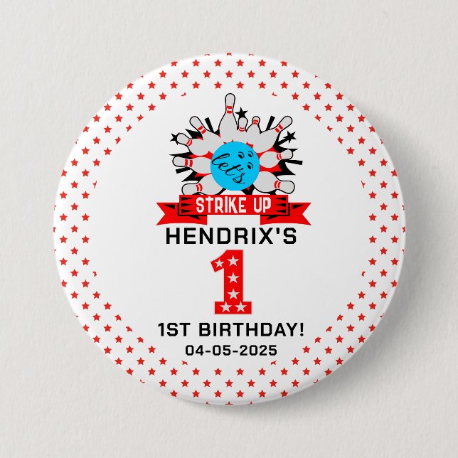 Retro-Bowling-Kinder 1. Geburtstagsfeier Button (Vorderseite)