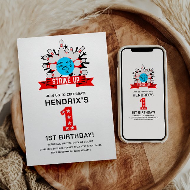 Retro-Bowling-Kinder 1. Geburtstagsfeier Einladung (Retro Bowling Kids 1st Birthday Party Invitation)