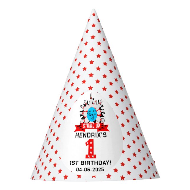 Retro-Bowling-Kinder 1. Geburtstagsfeier Partyhütchen (Vorderseite)
