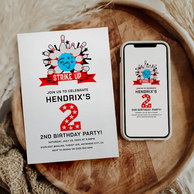 Retro Bowling Kinder 2. Geburtstagsfeier Einladung (Retro Bowling Kids 2ND Birthday Party Invitation)