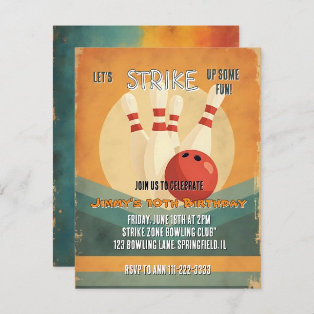 Retro Bowling Kindergeburtstag Party Einladung (Vorne/Hinten)