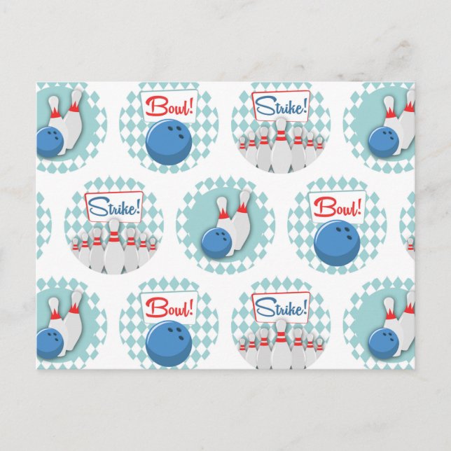 Retro-Bowling-Muster Bowlingkugeln Pins Postkarte (Vorderseite)