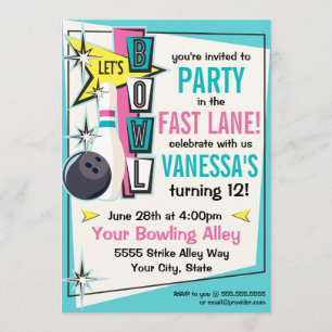 Retro Bowling Party Einladung - Rosa