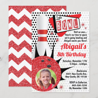Retro Bowling Party Sock Hop Button Up mit Foto Einladung