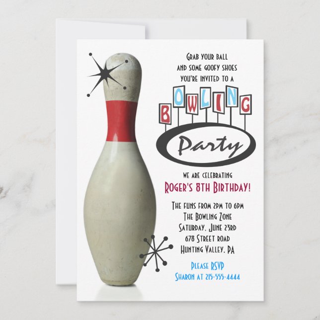 RETRO BOWLING PIN Bonne Invitation de fête d'anniv (Devant)