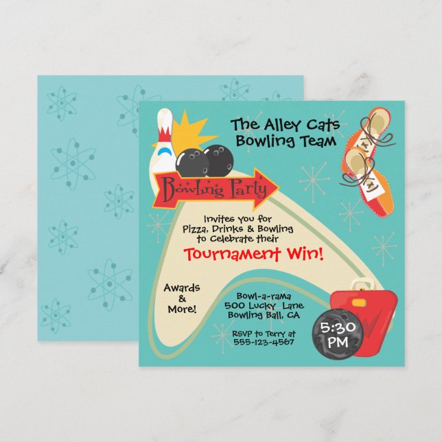 Retro Bowling Team League Party Einladung (Vorne/Hinten)