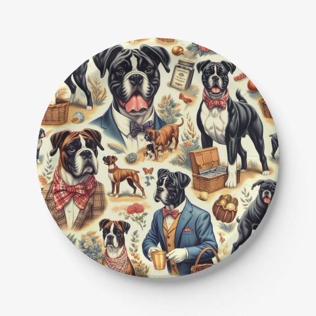 Retro Boxer Dog Illustration Pappteller (Vorderseite)