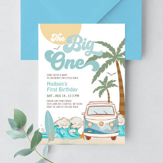 Retro Boy The Big One Surfing 1. Geburtstag Party Einladung