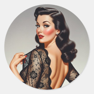 Retro-Braunhaarige Pin-up-Girl im Glamour-Stil der Runder Aufkleber