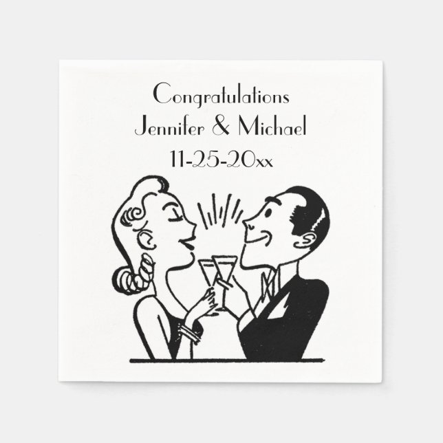 Retro Bride Groom Champagne Hochzeit Jubiläum Serviette (Vorderseite)