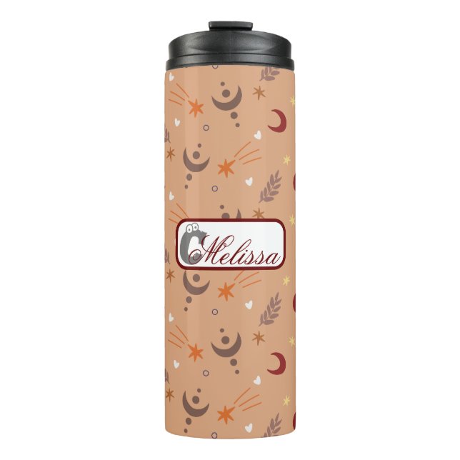 Retro Brown Boho Whimsisches Muster Personalisiert Thermosbecher (Vorderseite)