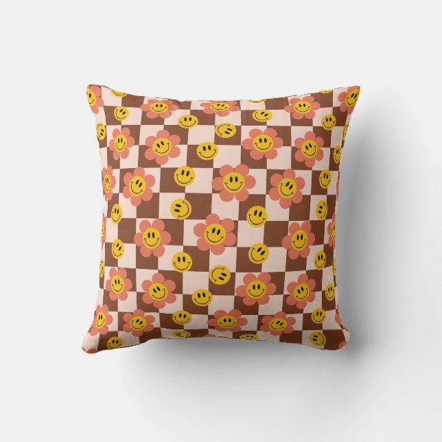 Retro Brown Checkered Pattern mit Blume Kissen (Rückseite)