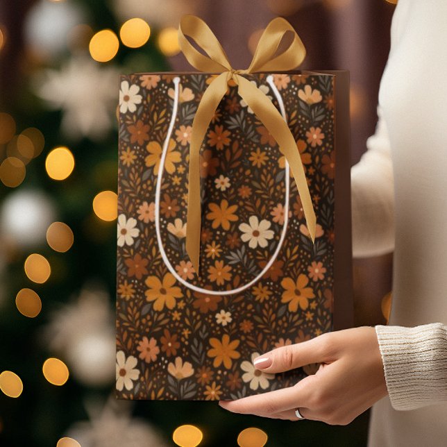 Retro Brown Floral Pattern Mittlere Geschenktüte (Von Creator hochgeladen)