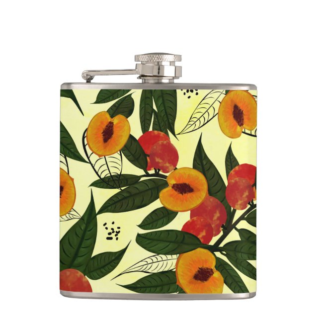 Retro Brown Orange Red Green Cherry Frucht & Blume Flachmann (Vorderseite)