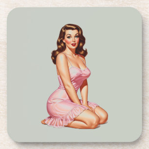 Retro Brünettes Button-up Girl in Pink Getränkeuntersetzer