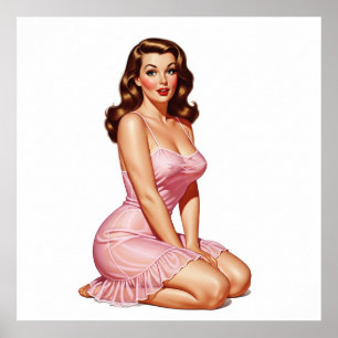 Retro Brünettes Button-up Girl in Pink Poster