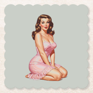 Retro Brünettes Button-up Girl in Pink Untersetzer