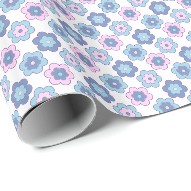 Retro Bubble Flowers (Pink and Blue) Pattern Geschenkpapier (Rolleneckpunkt)