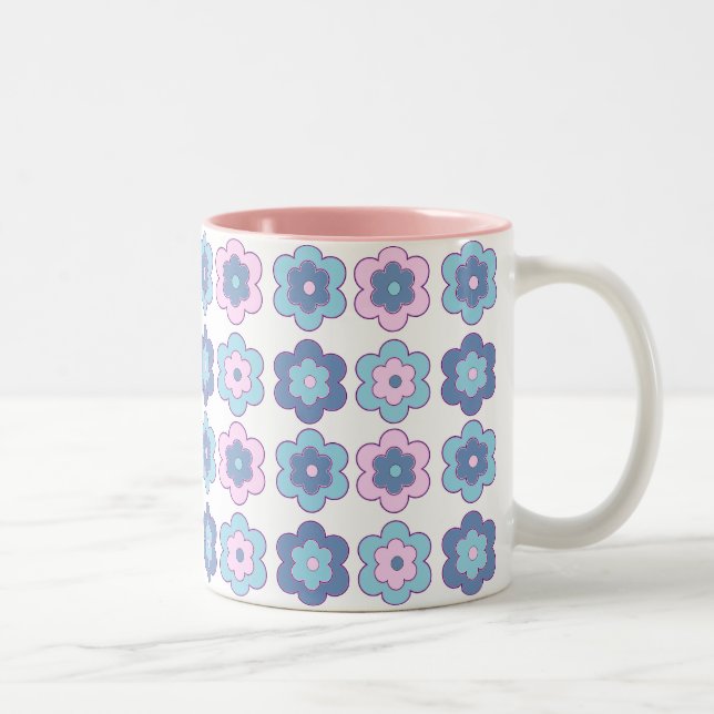 Retro Bubble Flowers (pink and blue)  Pattern Zweifarbige Tasse (Rechts)